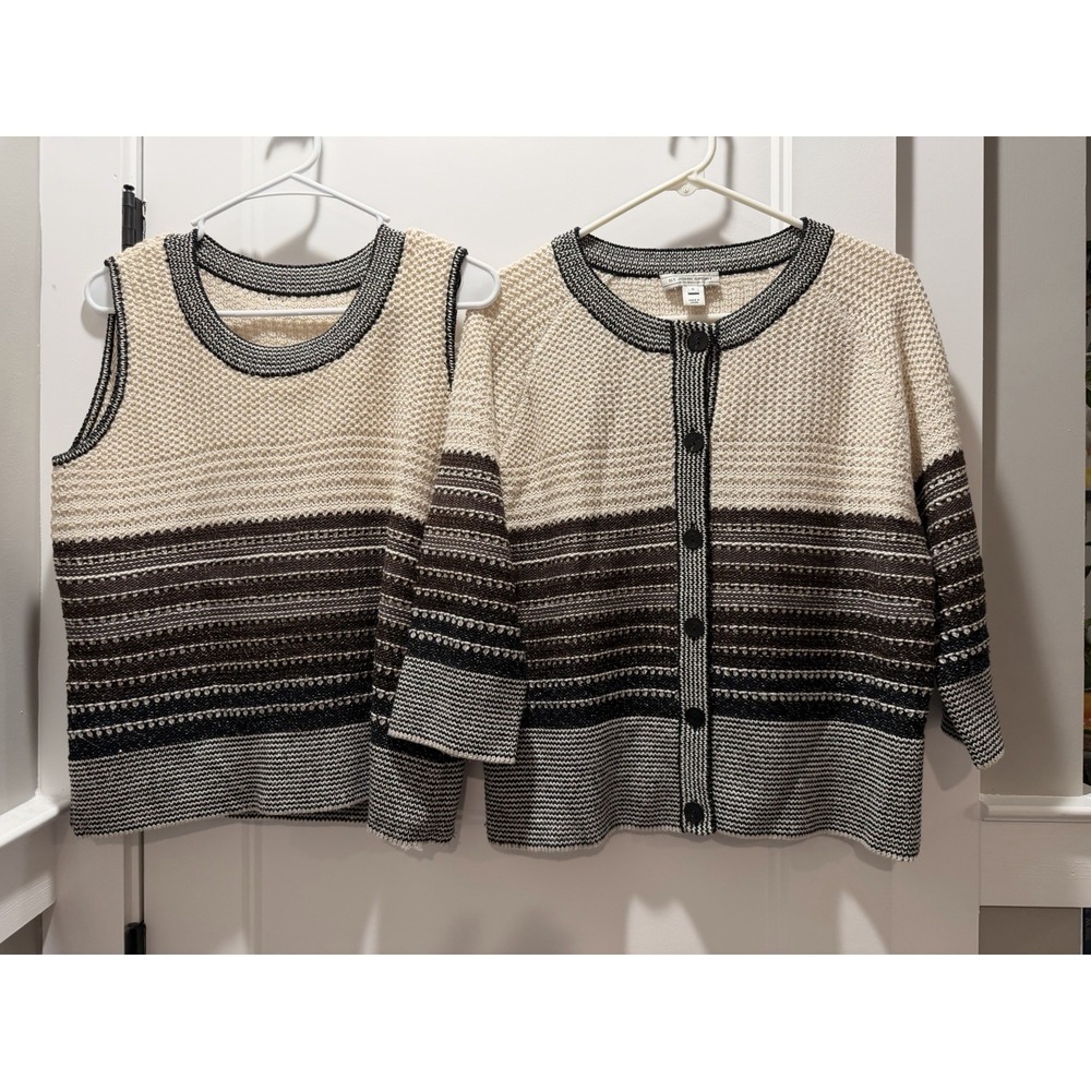 St. John Sport 2-Piece Knit Set Cardigan & Shell Size 10 Wool Blend Metallic‎